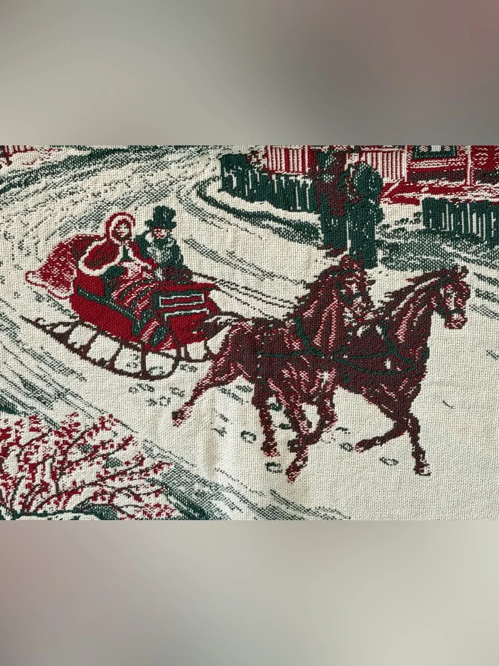Vintage Woven Holiday Tapestry Throw Blanket Horse drawn carriage Red, Green